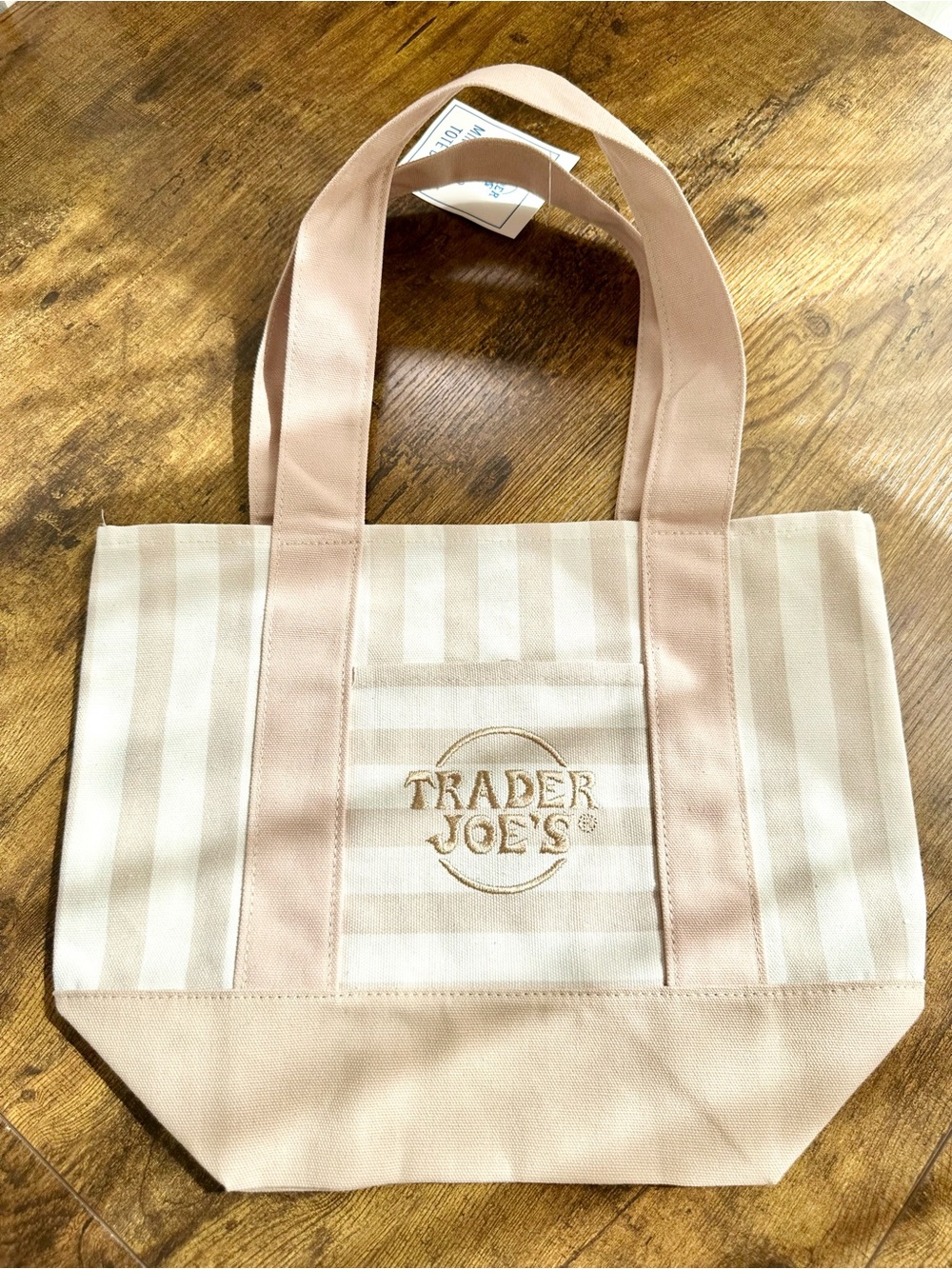 Trader Joe's Pastel Tan Beige Khaki Stripe Canvas Mini Tote Bag